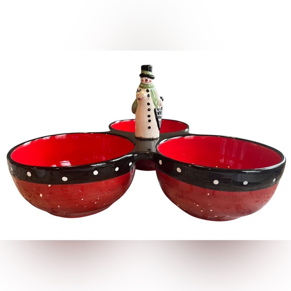 Snowman holiday serving dish with 3 bowls Certified International brand